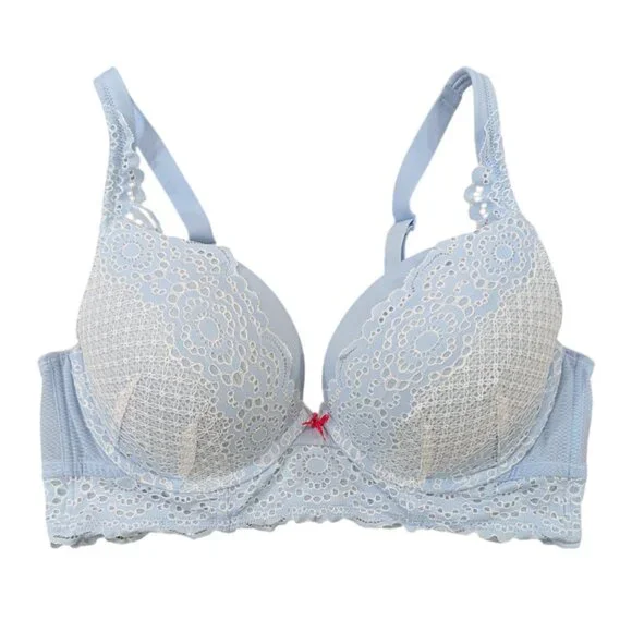 CACIQUE Boost Plunge Bra 42D Light Blue Lace Eyelet Baby Doll Feminine Sexy - Picture 2 of 9